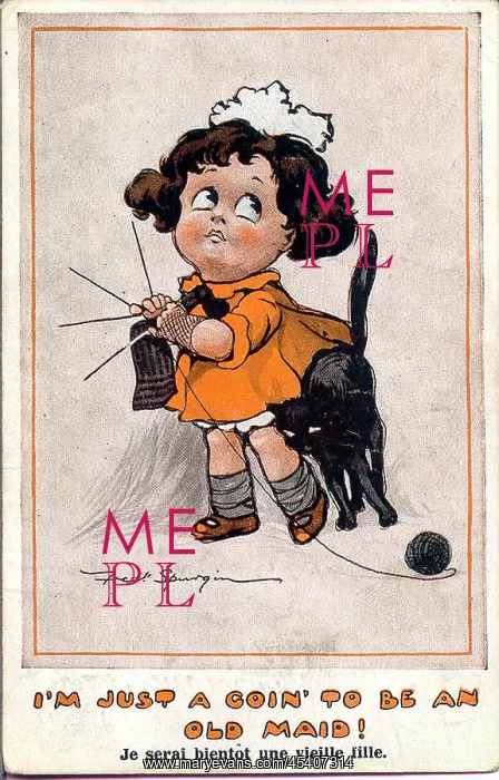 : Comic postcard, Little girl with knitting and cat : Comic postcard, Little girl with knitting and cat