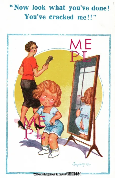 : Comic postcard, Little girl looking in the mirror : Comic postcard, Little girl looking in the mirror