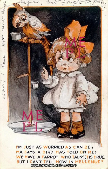 : Comic postcard, Little girl with parrot : Comic postcard, Little girl with parrot