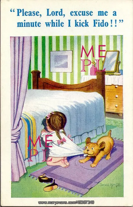 : Comic postcard, Little girl praying by her bed : Comic postcard, Little girl praying by her bed