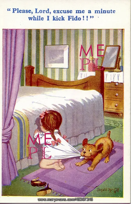 : Comic postcard, Little girl praying by her bed : Comic postcard, Little girl praying by her bed
