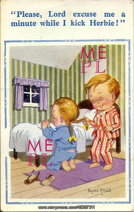 : Comic postcard, Little girl praying by her bed : Comic postcard, Little girl praying by her bed
