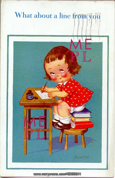 : Comic postcard, Little girl writing at a desk : Comic postcard, Little girl writing at a desk