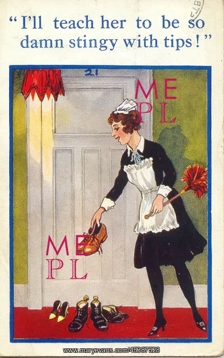: Comic postcard, Maid outside hotel room : Comic postcard, Maid outside hotel room