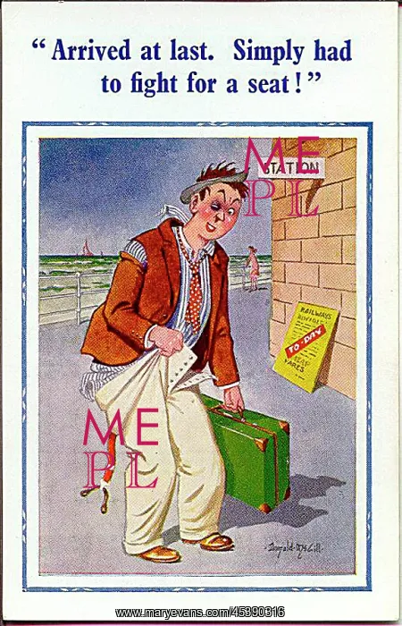 : Comic postcard, Man arrives at the seaside by train : Comic postcard, Man arrives at the seaside by train