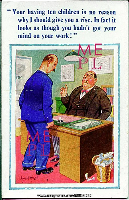 : Comic postcard, Man asking boss for pay rise : Comic postcard, Man asking boss for pay rise