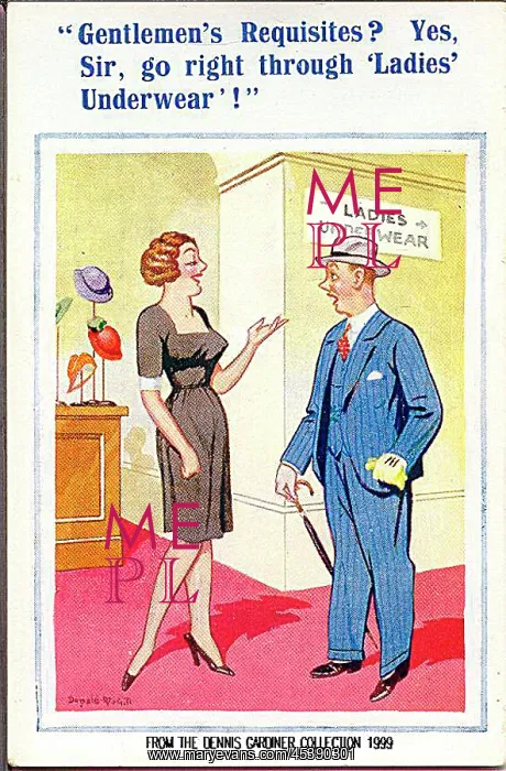 : Comic postcard, Man asks for directions in department store : Comic postcard, Man asks for directions in department store