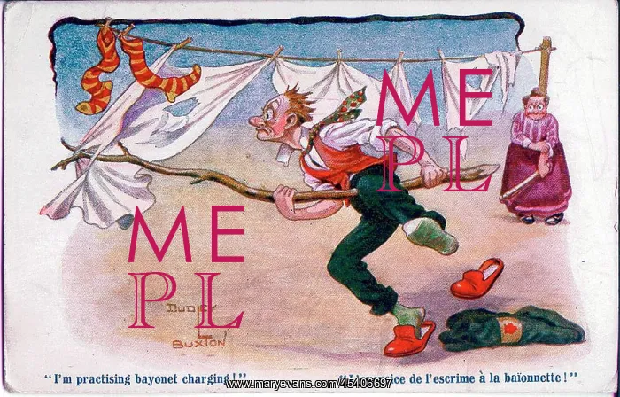 : Comic postcard, Man attacking washing line, WW1 : Comic postcard, Man attacking washing line, WW1