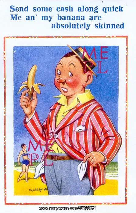 : Comic postcard, Man with banana at the seaside : Comic postcard, Man with banana at the seaside