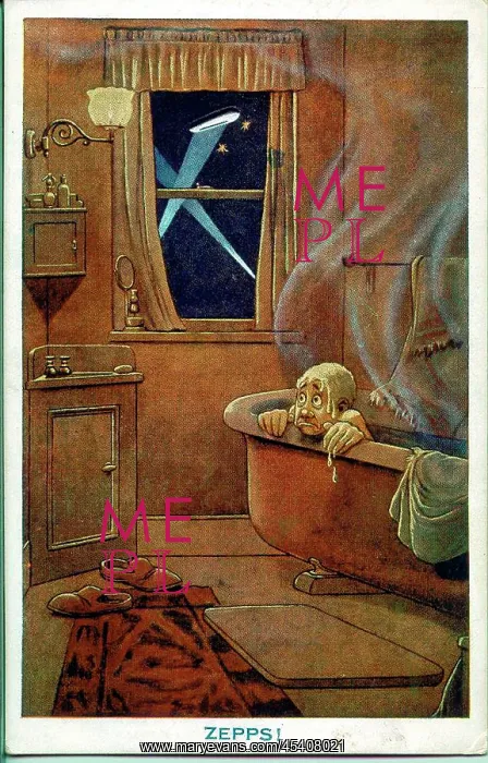 : Comic postcard, Man in bath during air raid, WW1 : Comic postcard, Man in bath during air raid, WW1
