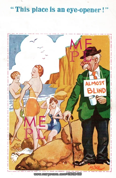 : Comic postcard, Man on the beach, almost blind! : Comic postcard, Man on the beach, almost blind!