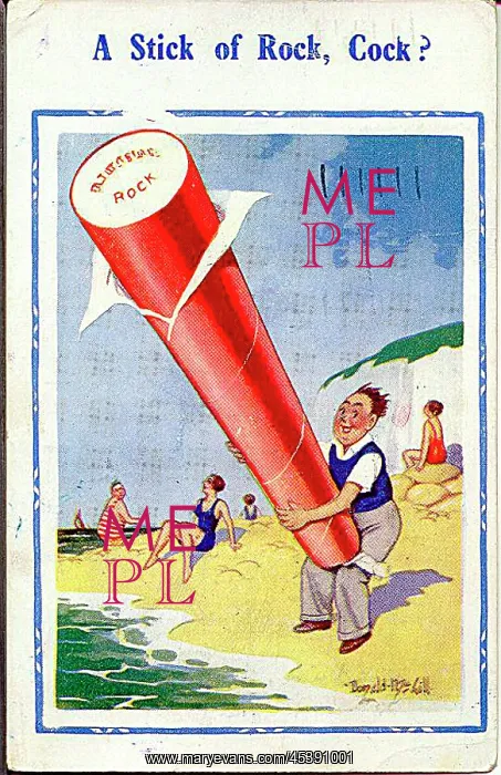 : Comic postcard, Man on the beach with a stick of rock : Comic postcard, Man on the beach with a stick of rock