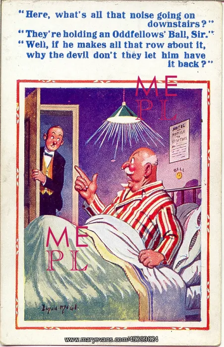 : Comic postcard, Man in bed disturbed by party : Comic postcard, Man in bed disturbed by party