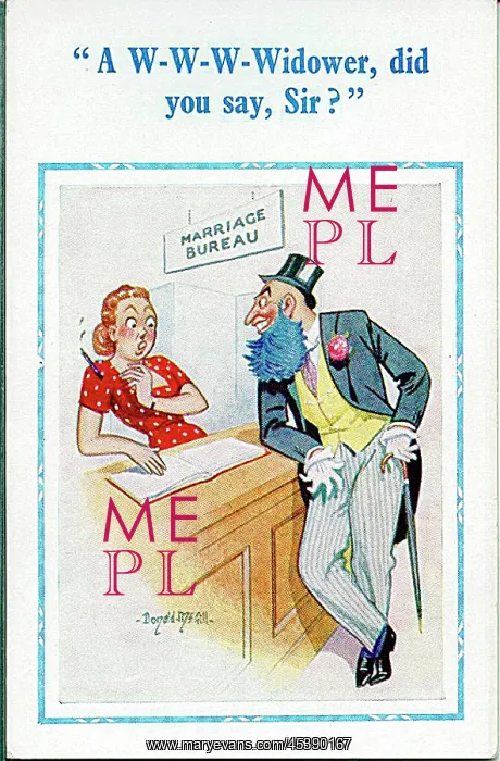 : Comic postcard, Man with blue beard at marriage bureau : Comic postcard, Man with blue beard at marriage bureau