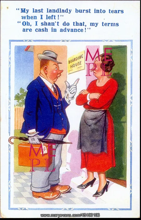 : Comic postcard, Man and boarding house landlady : Comic postcard, Man and boarding house landlady