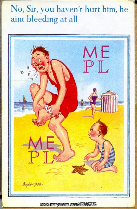 : Comic postcard, Man, boy and starfish on the beach : Comic postcard, Man, boy and starfish on the beach