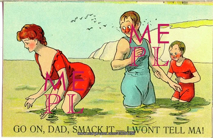 : Comic postcard, Man, boy and woman bathing in the sea : Comic postcard, Man, boy and woman bathing in the sea