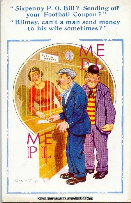 : Comic postcard, Man buying sixpenny postal order : Comic postcard, Man buying sixpenny postal order