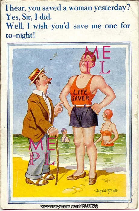 : Comic postcard, Man chats with lifeguard on the beach : Comic postcard, Man chats with lifeguard on the beach