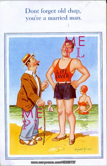 : Comic postcard, Man chats with lifeguard on the beach : Comic postcard, Man chats with lifeguard on the beach