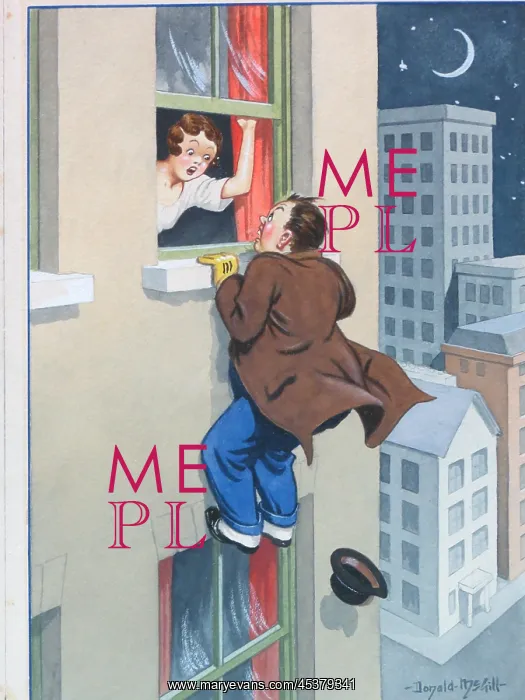 : Comic postcard, Man clinging to high window ledge : Comic postcard, Man clinging to high window ledge