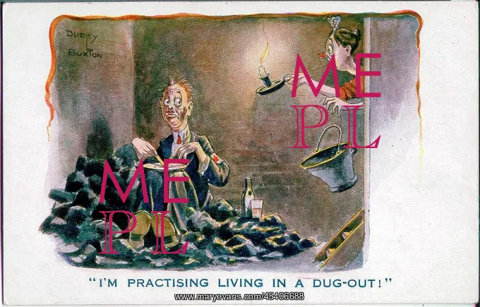 : Comic postcard, Man in coal cellar, WW1 : Comic postcard, Man in coal cellar, WW1