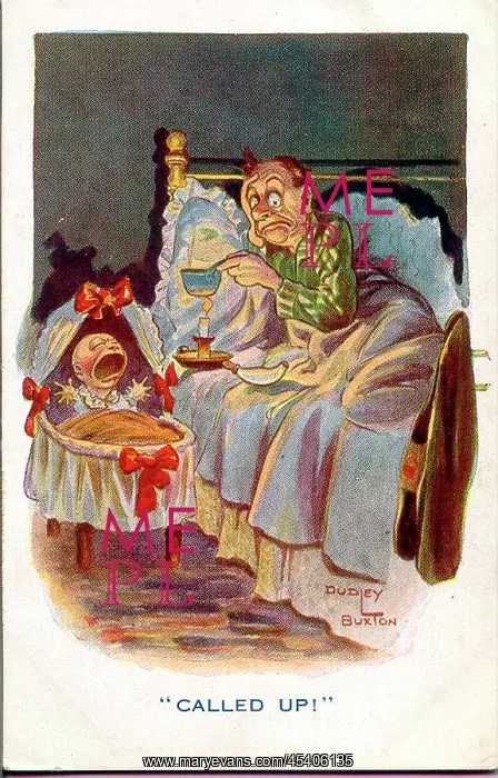 : Comic postcard, Man with crying baby, WW1 : Comic postcard, Man with crying baby, WW1