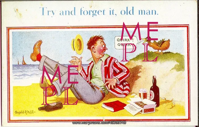 : Comic postcard, Man disturbed by duck on the beach : Comic postcard, Man disturbed by duck on the beach
