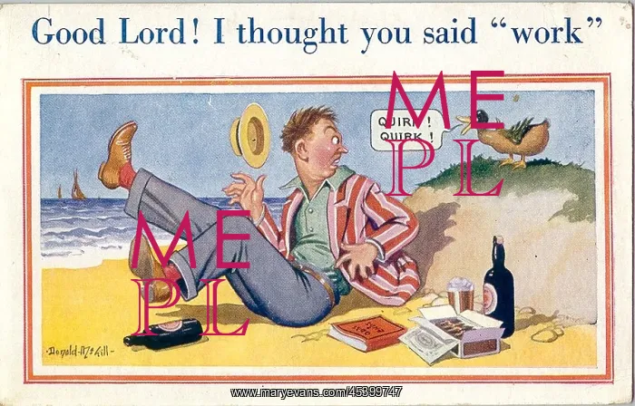 : Comic postcard, Man disturbed by duck on the beach : Comic postcard, Man disturbed by duck on the beach