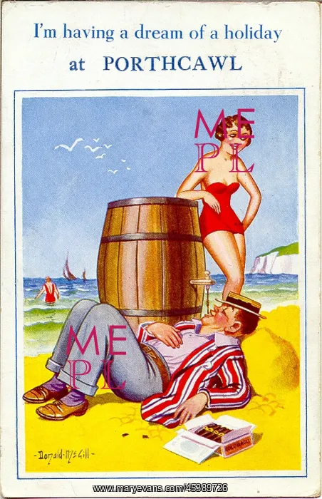 : Comic postcard, Man drinking from barrel at the seaside : Comic postcard, Man drinking from barrel at the seaside