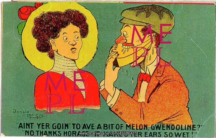 : Comic postcard, Man eating slice of melon : Comic postcard, Man eating slice of melon