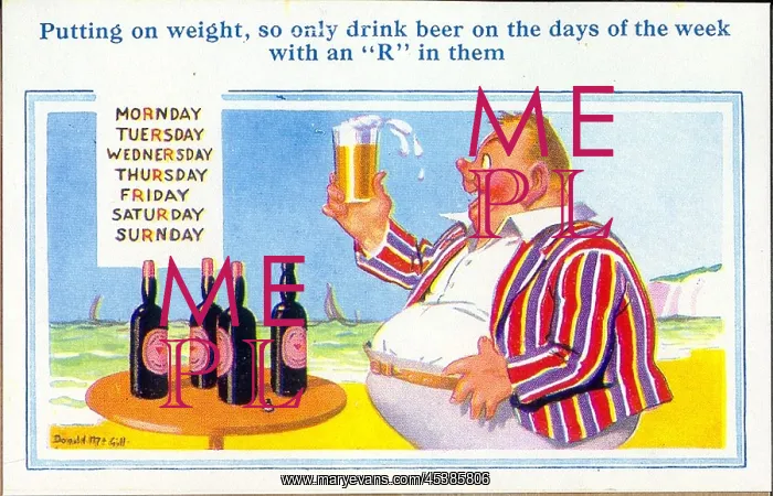 : Comic postcard, Man enjoying a beer on the beach : Comic postcard, Man enjoying a beer on the beach