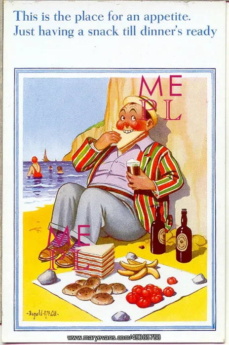: Comic postcard, Man enjoying a picnic on the beach : Comic postcard, Man enjoying a picnic on the beach