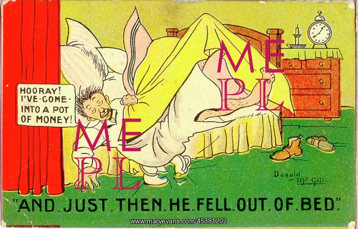 : Comic postcard, Man falls out of bed onto chamber pot : Comic postcard, Man falls out of bed onto chamber pot