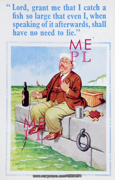 : Comic postcard, Man fishing and praying at the seaside : Comic postcard, Man fishing and praying at the seaside