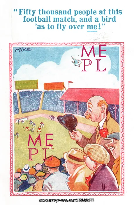 : Comic postcard, Man at football match : Comic postcard, Man at football match