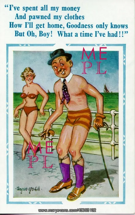 : Comic postcard, Man has fun at the seaside : Comic postcard, Man has fun at the seaside