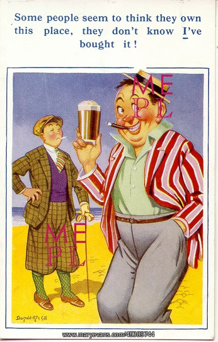 : Comic postcard, Man with a glass of beer on the beach : Comic postcard, Man with a glass of beer on the beach