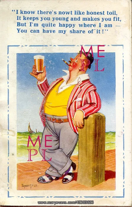 : Comic postcard, Man with glass of beer at the seaside : Comic postcard, Man with glass of beer at the seaside