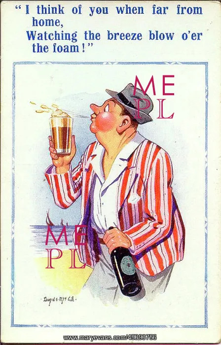 : Comic postcard, Man with glass of beer at the seaside : Comic postcard, Man with glass of beer at the seaside