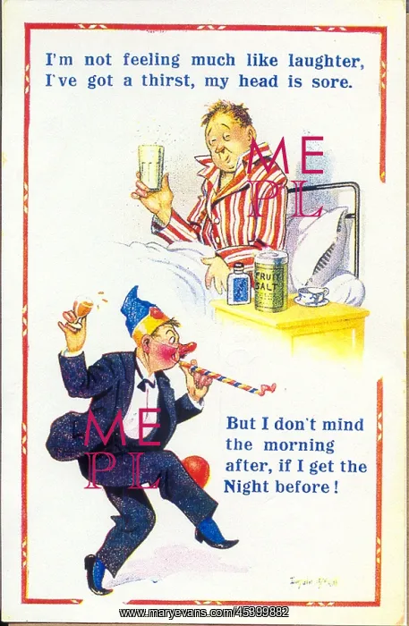: Comic postcard, Man with hangover after drunken evening : Comic postcard, Man with hangover after drunken evening