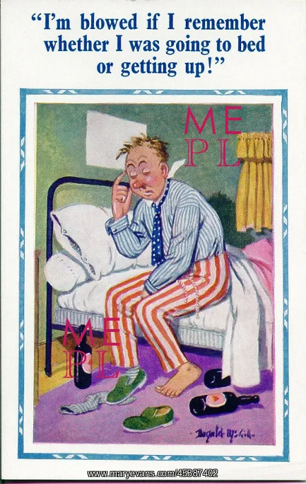 : Comic postcard, Man with hangover sitting on bed : Comic postcard, Man with hangover sitting on bed