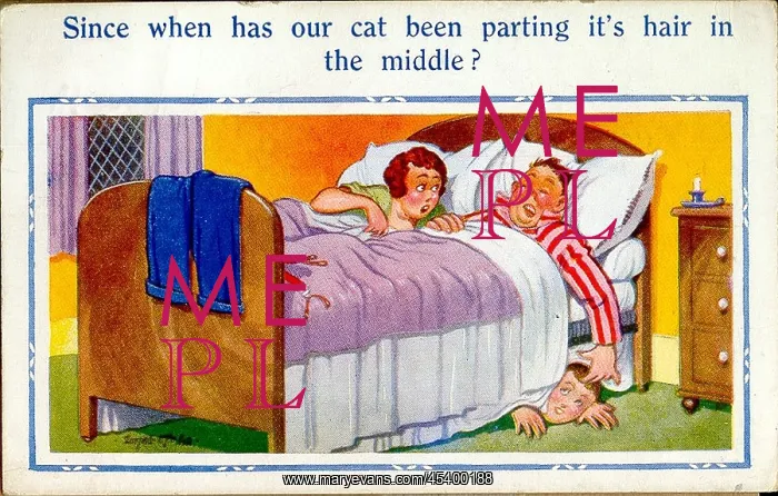 : Comic postcard, Man hiding under the bed : Comic postcard, Man hiding under the bed