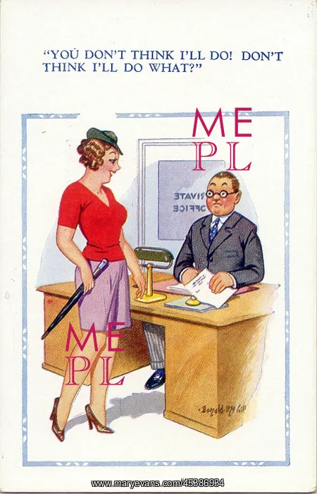 : Comic postcard, Man interviews woman in office : Comic postcard, Man interviews woman in office