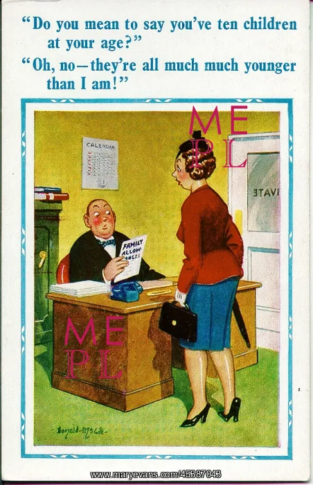 : Comic postcard, Man interviews woman in office : Comic postcard, Man interviews woman in office