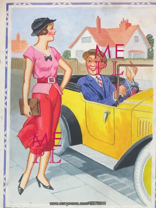 : Comic postcard, Man inviting woman for a ride : Comic postcard, Man inviting woman for a ride