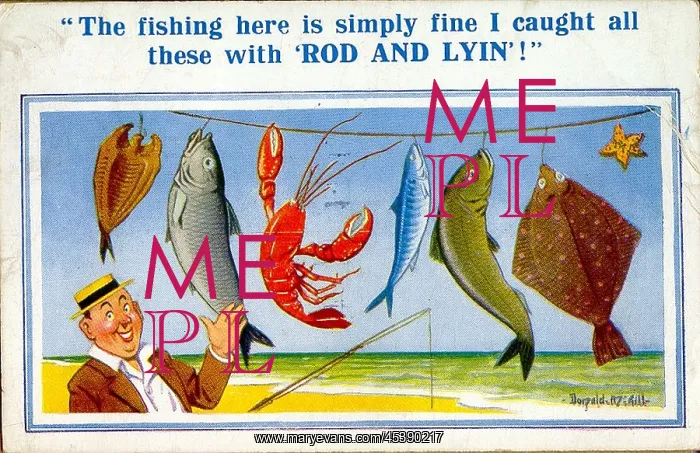 : Comic postcard, Man with line of fish he didn't catch : Comic postcard, Man with line of fish he didn't catch