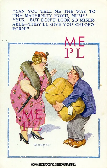 : Comic postcard, Man looking for maternity home : Comic postcard, Man looking for maternity home