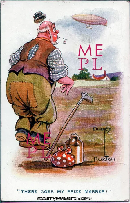 : Comic postcard, Man mistakes airship for marrow, WW1 : Comic postcard, Man mistakes airship for marrow, WW1