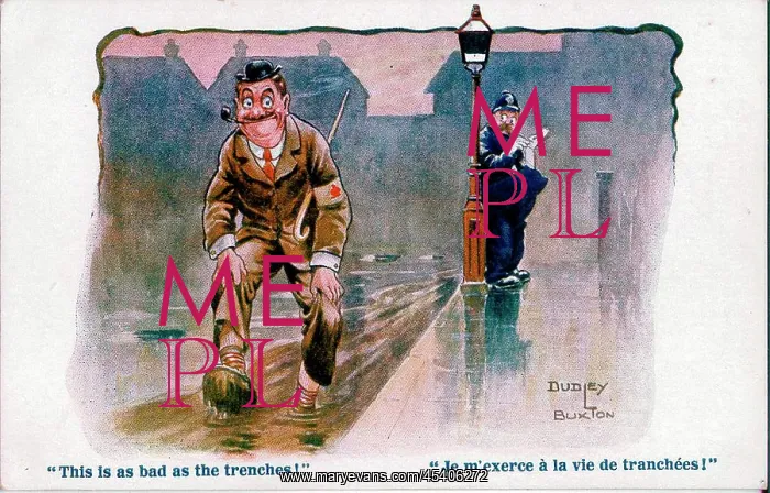: Comic postcard, Man in a muddy street, WW1 : Comic postcard, Man in a muddy street, WW1